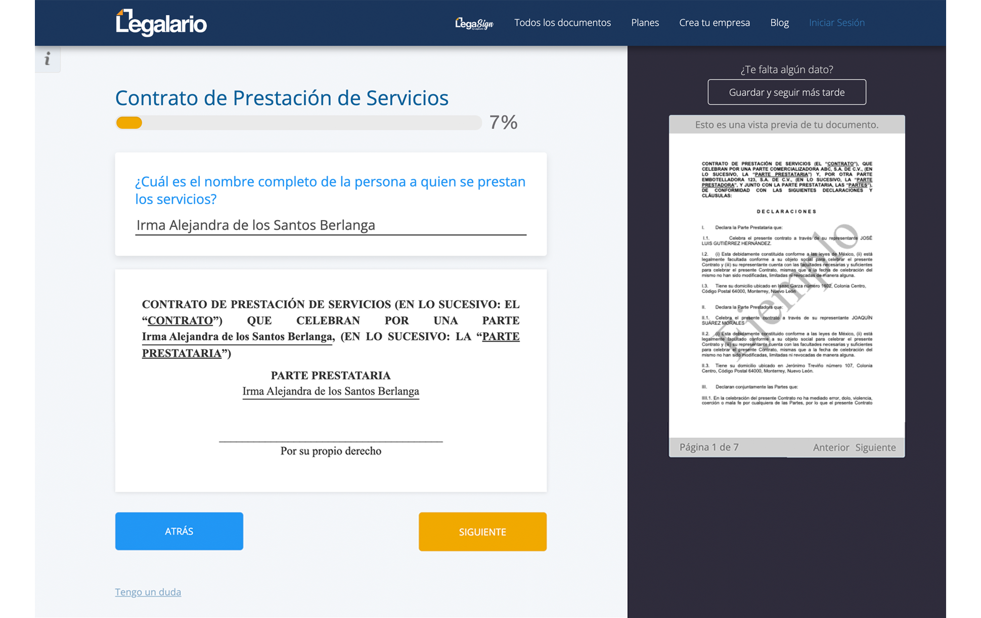 Progreso de creación de documento legal
